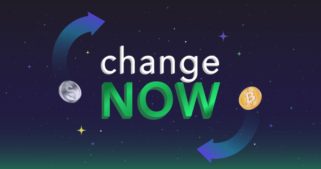 ChangeNOW logo with circular arrows, a dollar coin, and a Bitcoin symbol on a dark starry background.