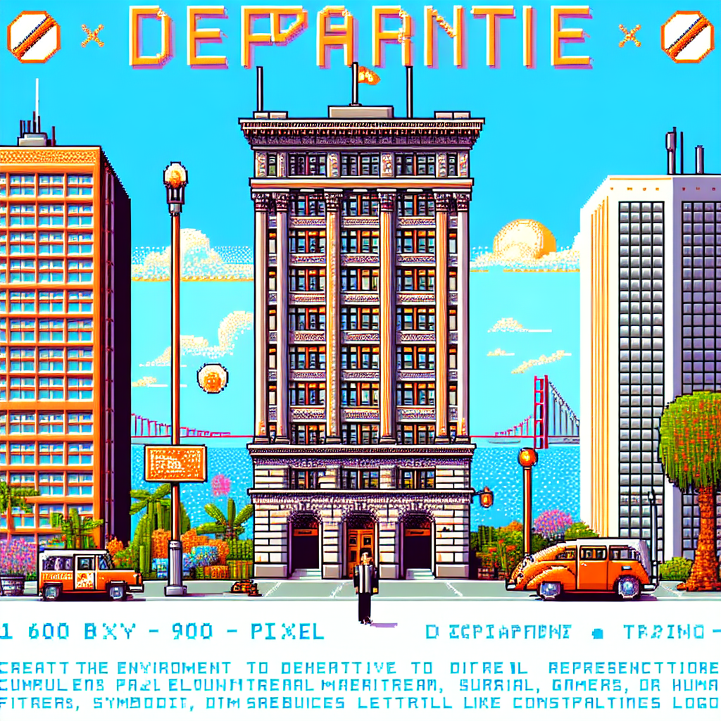 Vintage-style pixel art featuring a detailed cityscape with skyscrapers, retro vehicles, and vibrant geometric patterns.