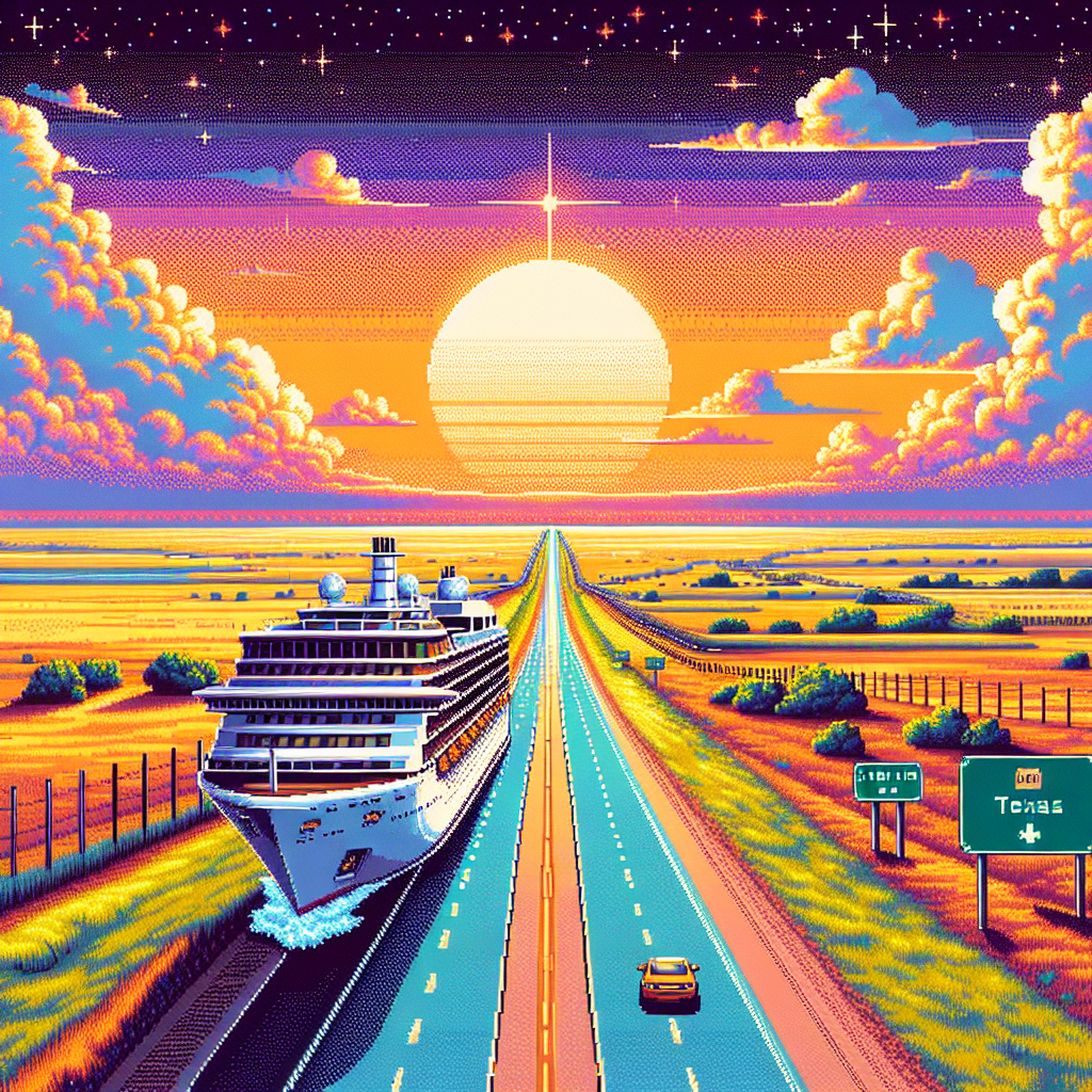 A cruise ship sails down a highway towards a vibrant sunset, with Texas road signs nearby and a car on the opposite lane.