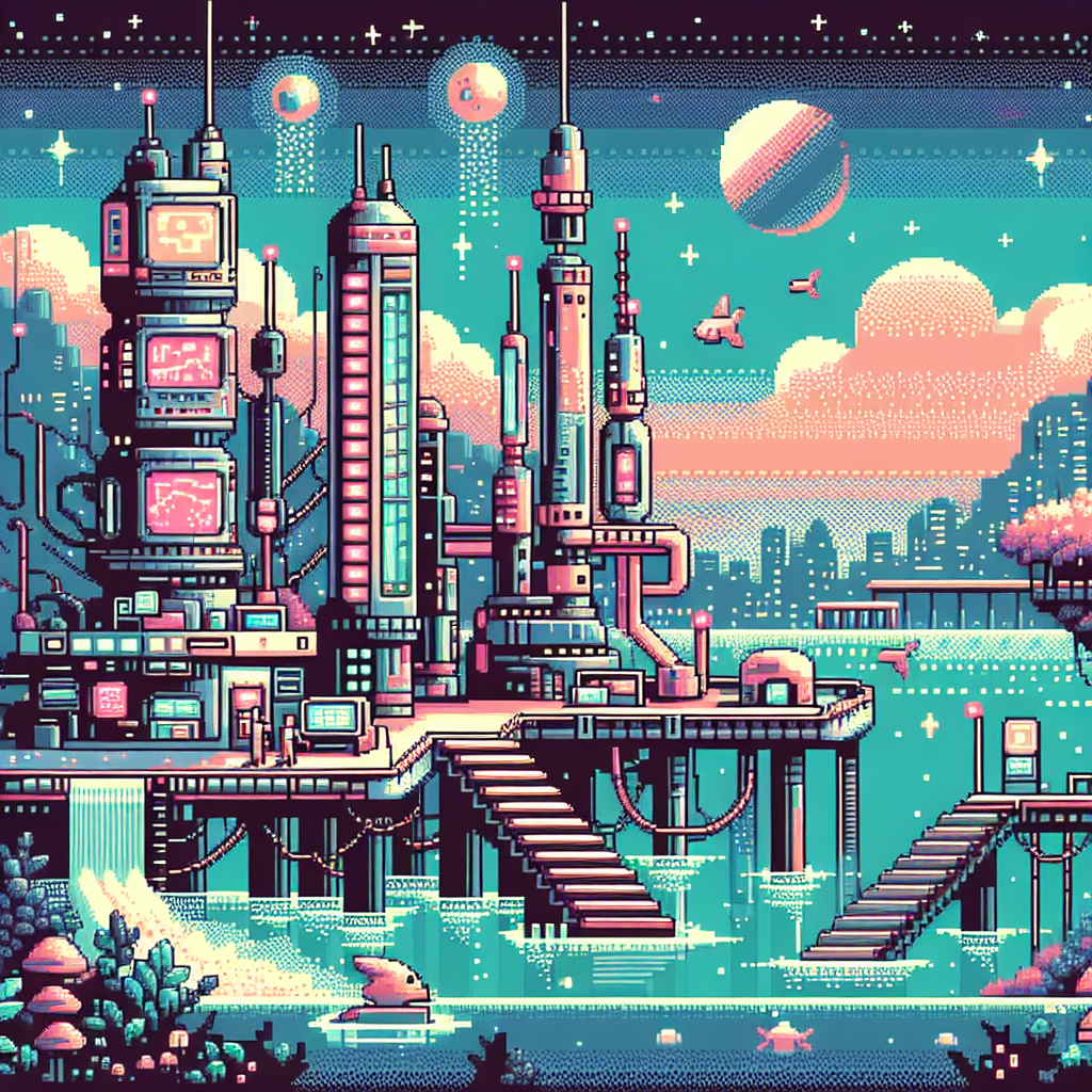 Futuristic cityscape with towering buildings, flying vehicles, and a neon-lit palette, set under a starry sky with planets.