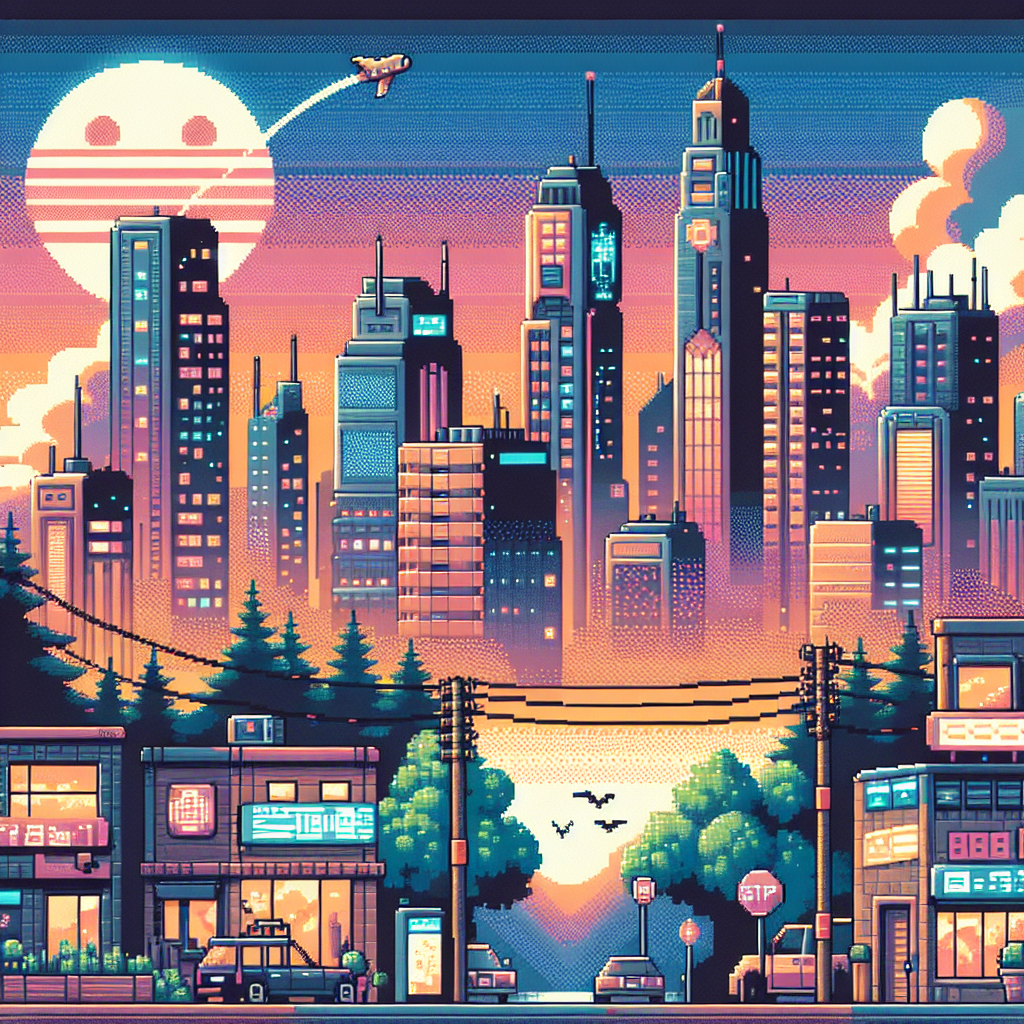Colorful pixel art cityscape with tall buildings, a sunset sky, a train in the distance, and a futuristic, serene atmosphere.