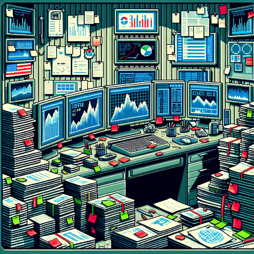 Crowded office cluttered with piles of documents, sticky notes, and multiple computer screens displaying charts and graphs.