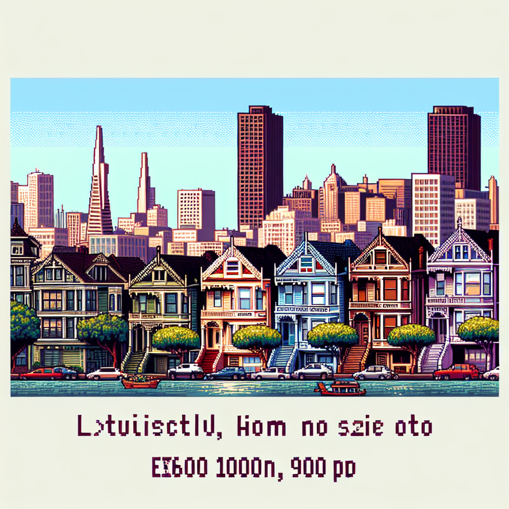 Pixel art of San Francisco skyline and Victorian homes, with glitched text overlay at the bottom.