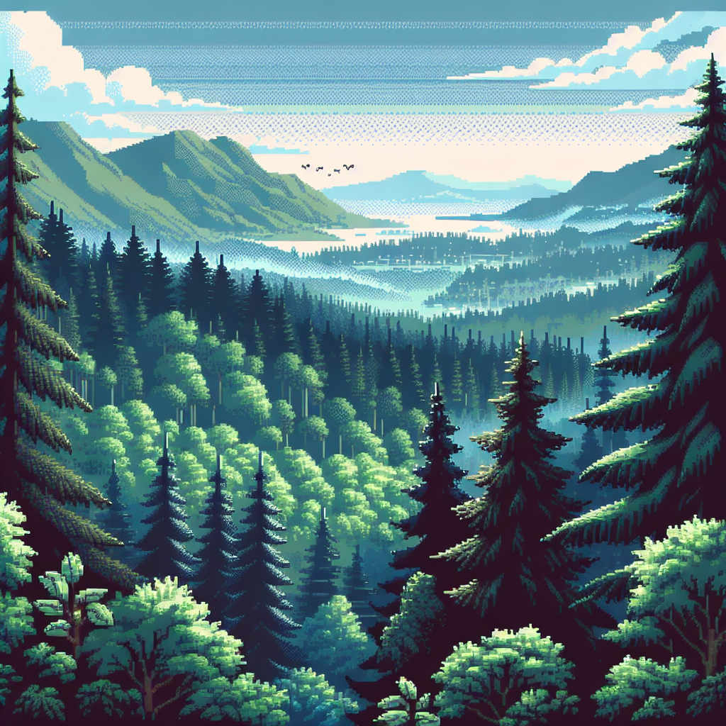 A vibrant pixel art landscape of a forest with rolling hills, mountains, and a distant horizon under a blue sky.