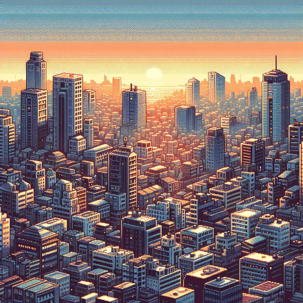 A pixel art cityscape at sunset, with numerous buildings and a sun setting on the horizon.