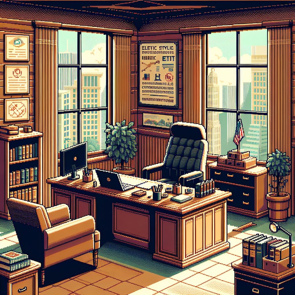 Vintage-style office with a large desk, comfortable chairs, bookshelves, and city skyline view through tall windows.