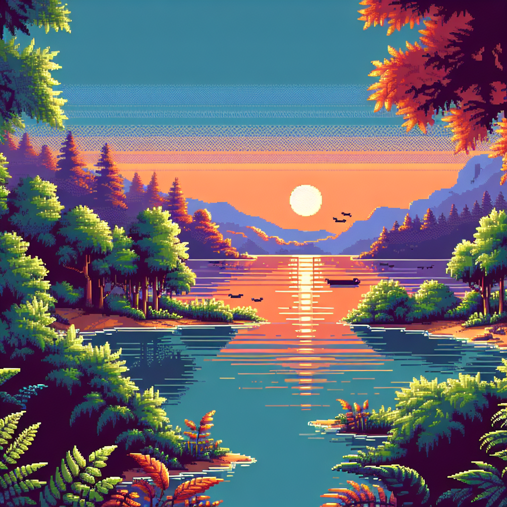 Pixel art landscape of a serene lake at sunset, surrounded by vibrant trees and distant mountains.