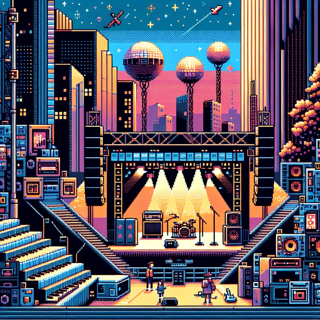 Retro pixel art concert stage in a vibrant cityscape, featuring speakers, musical instruments, and a starlit sky with spaceships.