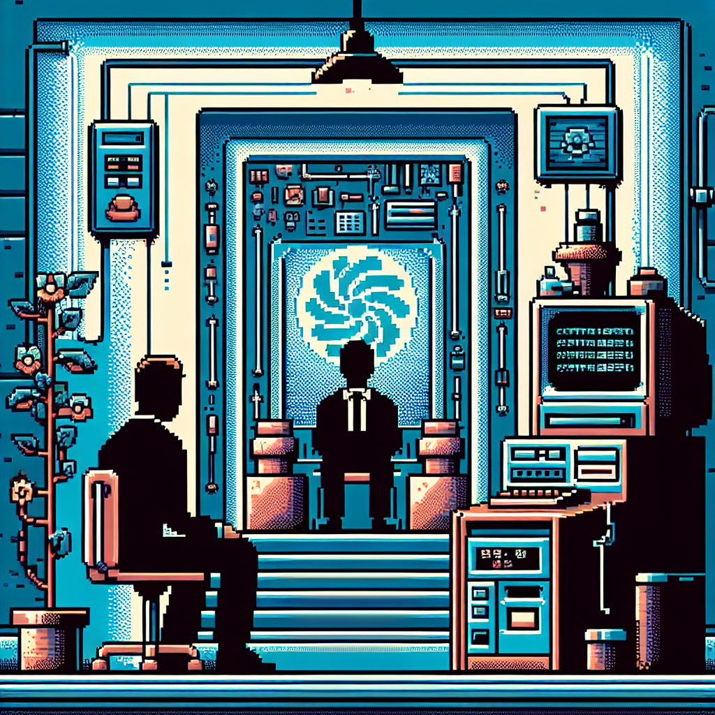 Two individuals in suits sit facing each other in a retro, tech-themed room with a large spiral design on the wall.