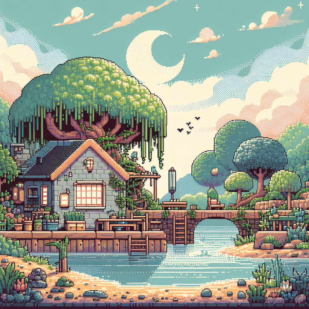 Pixel art of a serene river scene with a cozy house, large tree, arched bridge, and crescent moon in a pastel sky.
