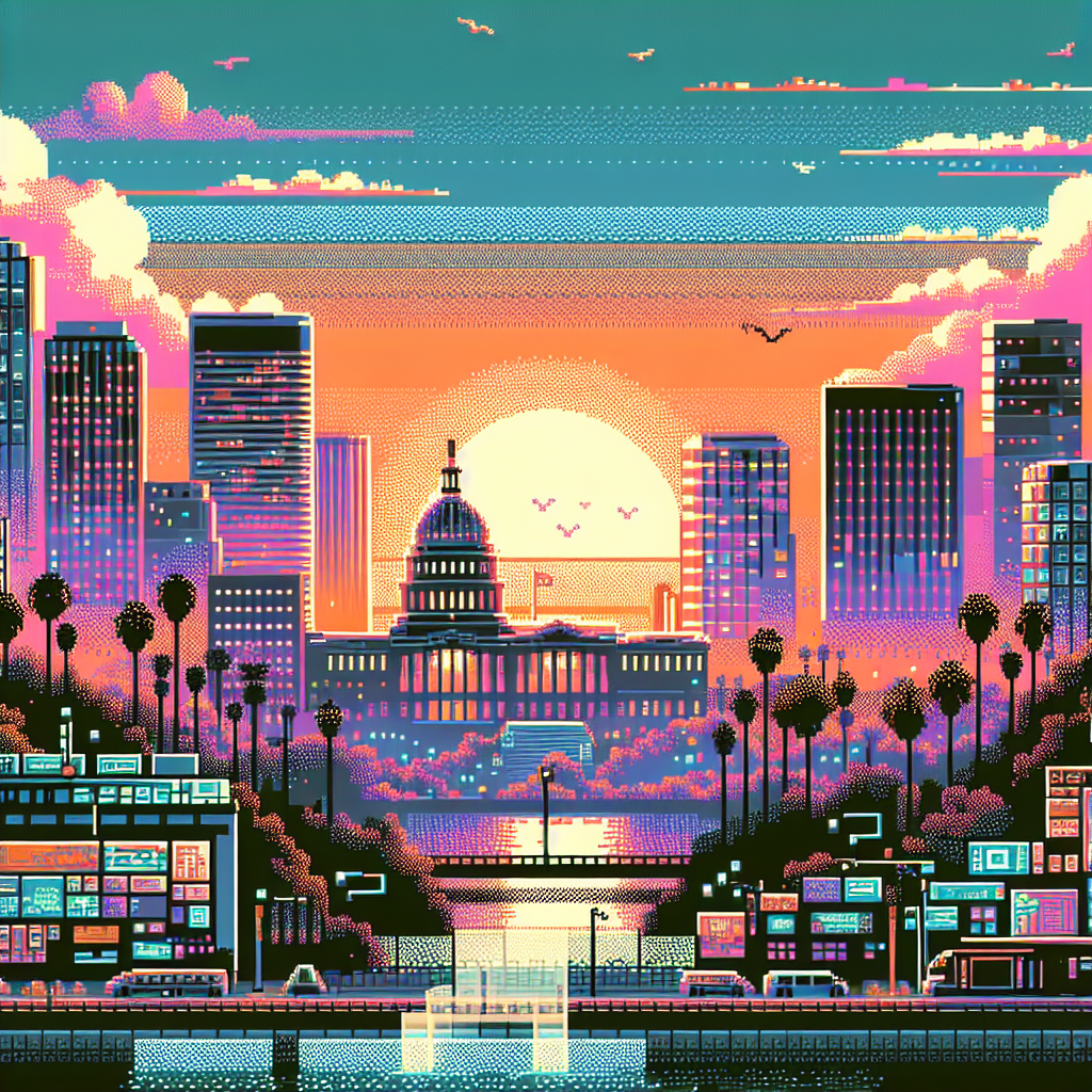 Pixel art cityscape featuring a sunset backdrop, skyline with skyscrapers, and a central dome-topped building.