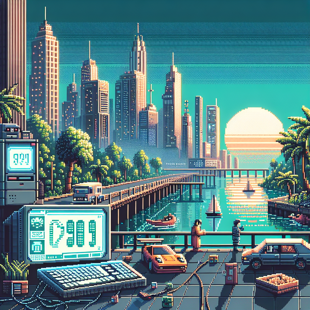Pixel art scene of a futuristic cityscape with skyscrapers, a waterfront, and a digital screen displaying "Mercor".