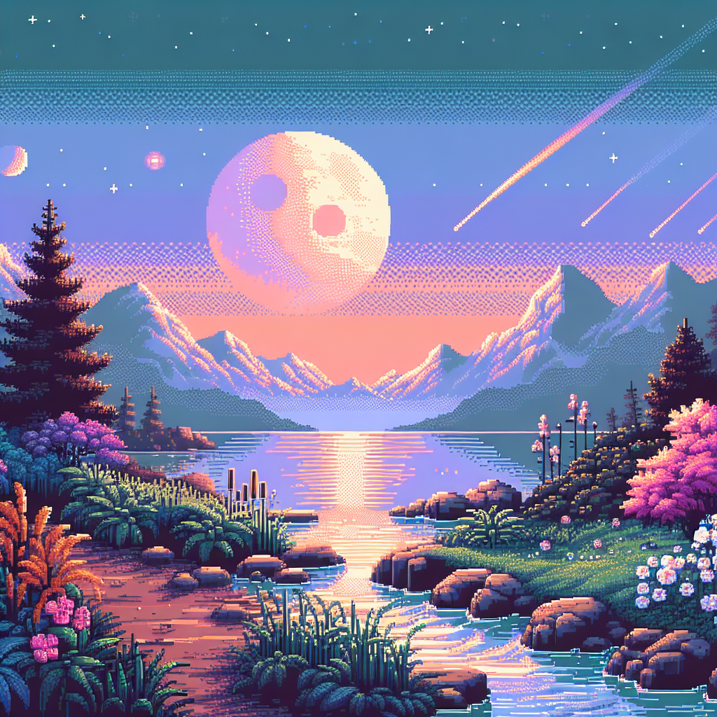 Retro pixel art landscape with a large moon, mountains, and shooting stars over a serene lake, surrounded by vibrant flora.