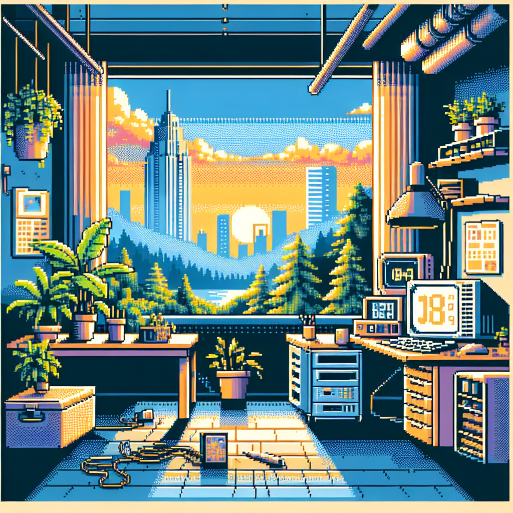 A brightly lit office features plants, tech gadgets, and a cityscape view from the window, blending nature with urban life.