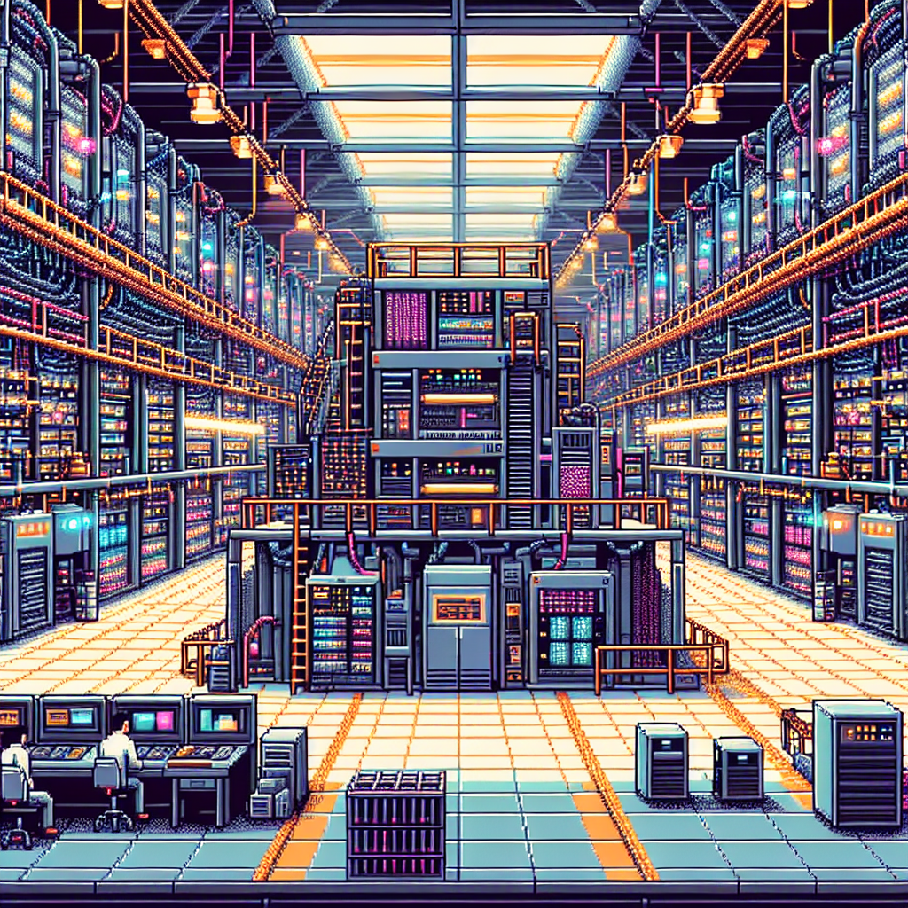 Futuristic data center interior with stacked servers, glowing lights, and two workers at control desks.