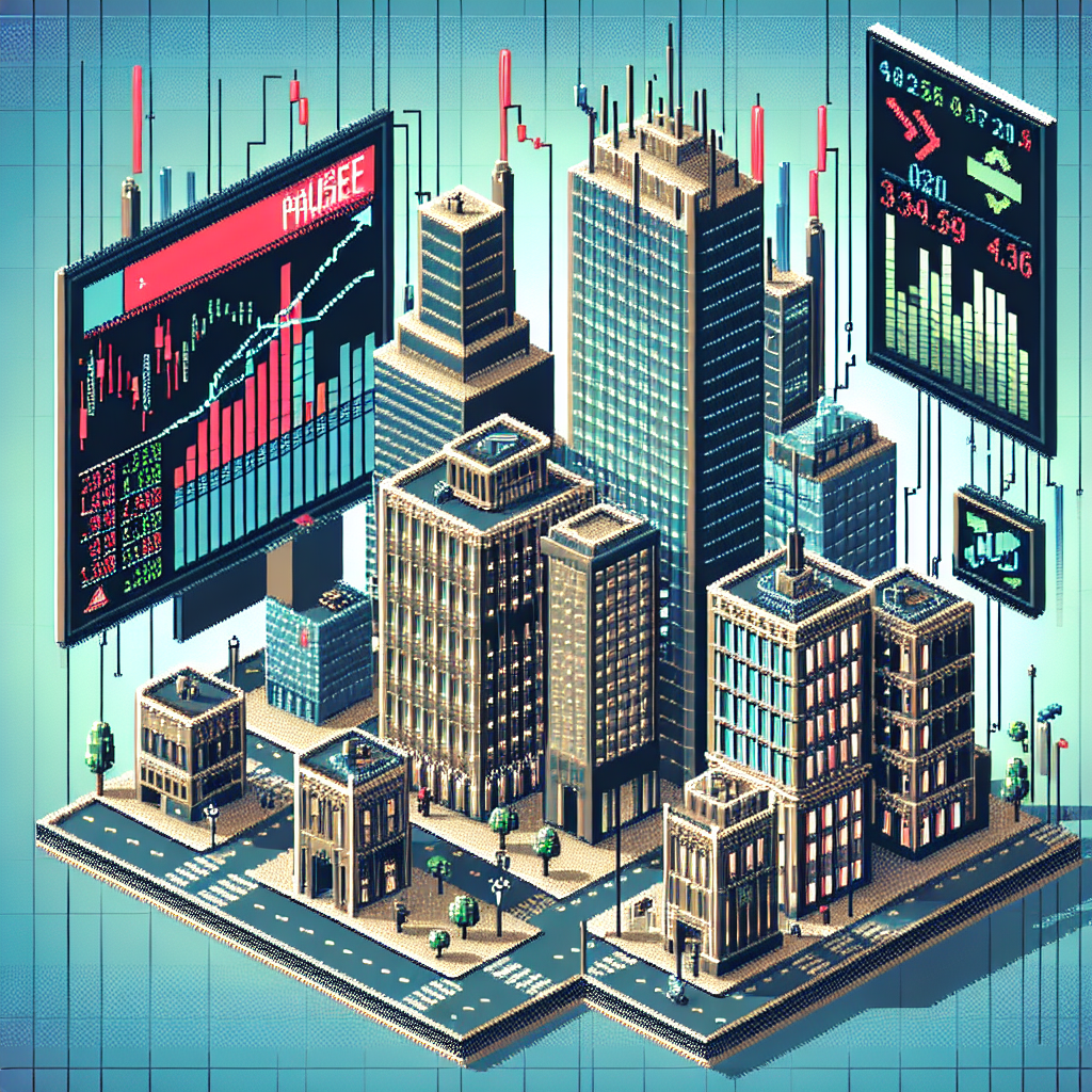 A stylized digital cityscape featuring skyscrapers and large floating stock market screens displaying fluctuating graphs.