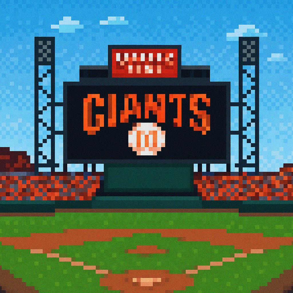 Pixel art of a baseball stadium with "GIANTS" on the scoreboard and a baseball icon, with a bright blue sky above.