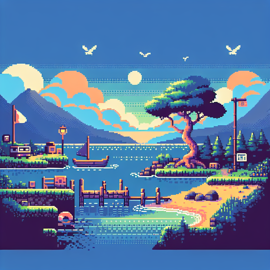 A serene lake scene with a small dock, boat, and vibrant pixel art landscape featuring a twisted tree and colorful sky.