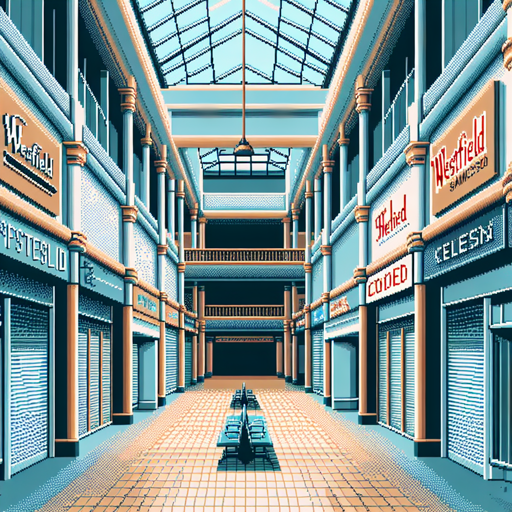 Empty shopping mall corridor with closed storefronts, including Westfield signs and lonely benches under a skylight.