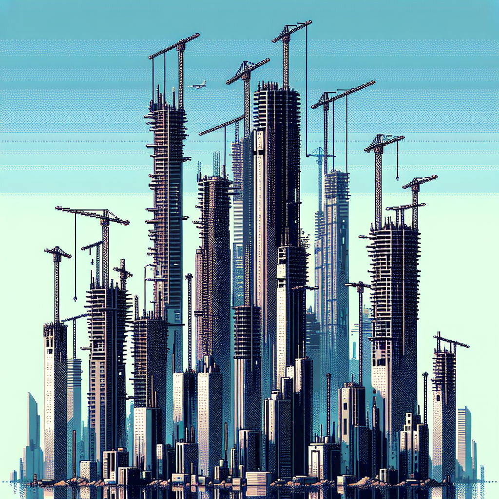 Towering skyscrapers with numerous cranes atop, set against a clear sky, illustrating ongoing yet challenging construction.