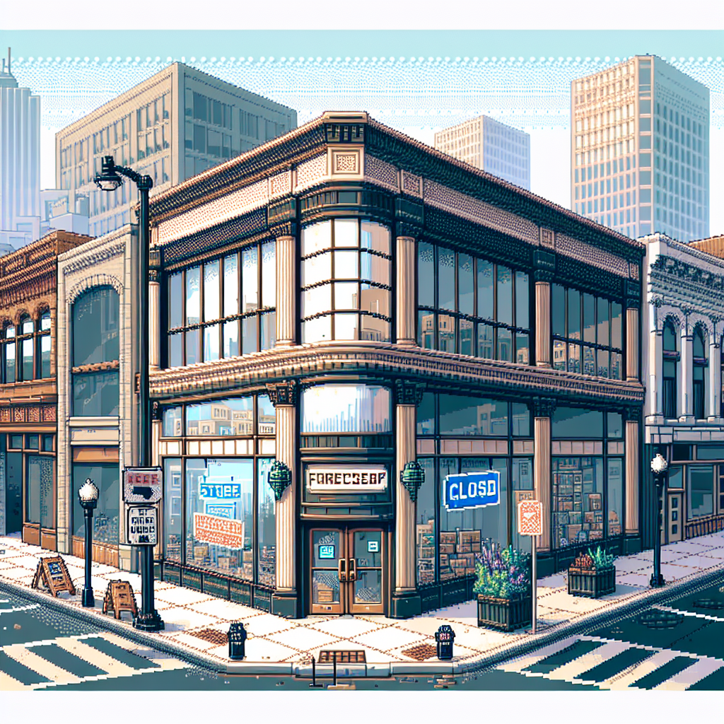 Historic brick building with large "Foreclosed" and "Closed" signs, surrounded by empty streets in an urban setting.