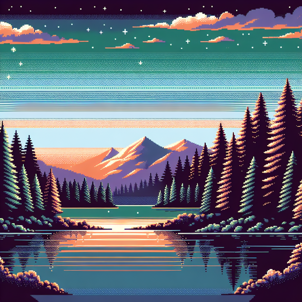 A serene pixel art landscape featuring a mountain, pine trees, and a reflecting lake under a starry sky.