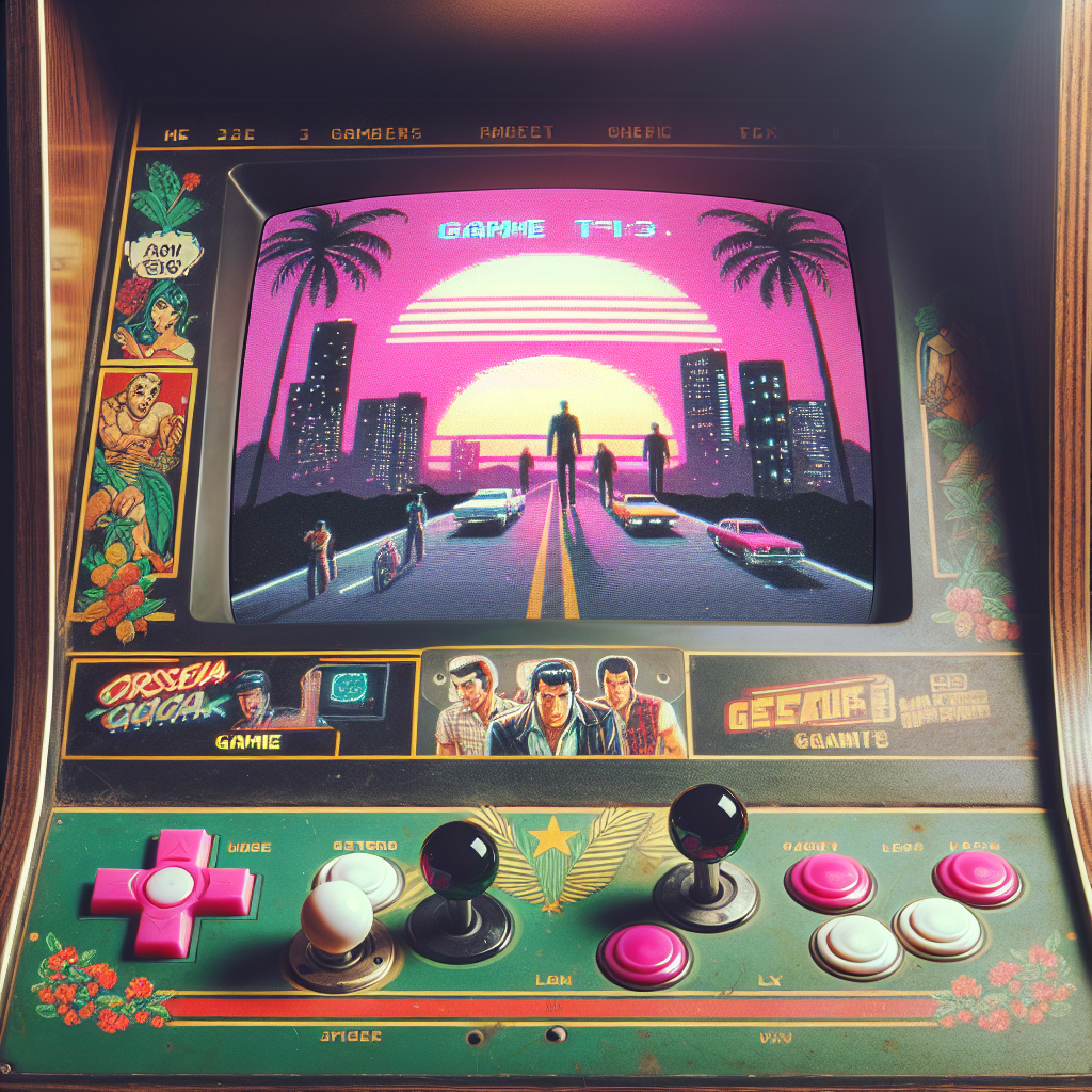 Retro arcade game machine displaying a cityscape and sunset with vintage-style graphics, buttons, and joystick.