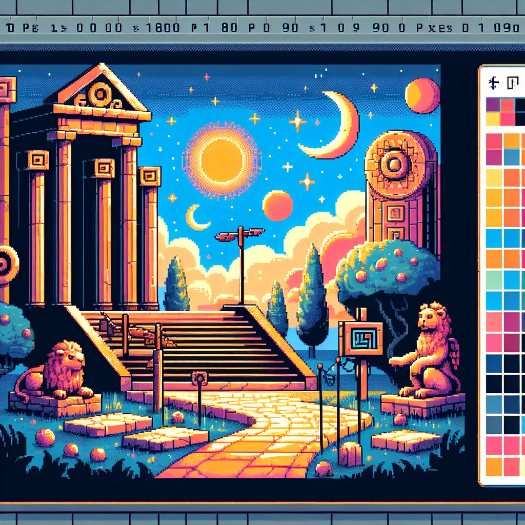 A digital painting of a whimsical courtyard with ancient temple structures, glowing celestial elements, and vibrant colors.