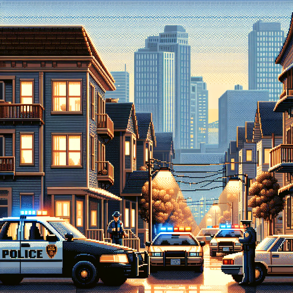 Police cars and officers line a suburban street at dusk, with city skyscrapers in the background, lights creating an atmospheric glow.