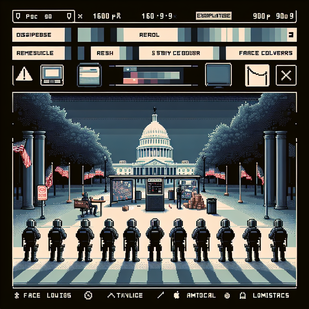 A pixelated scene shows police in riot gear facing the California Capitol with flags, amidst elements of a retro game interface.