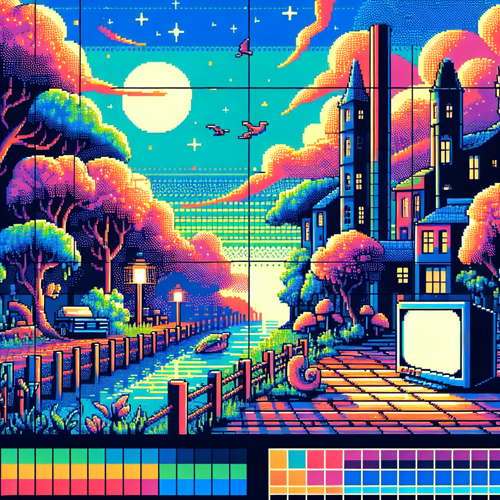 Colorful pixel art scene with a canal, trees, and buildings under a vibrant sky, featuring a large moon and birds.