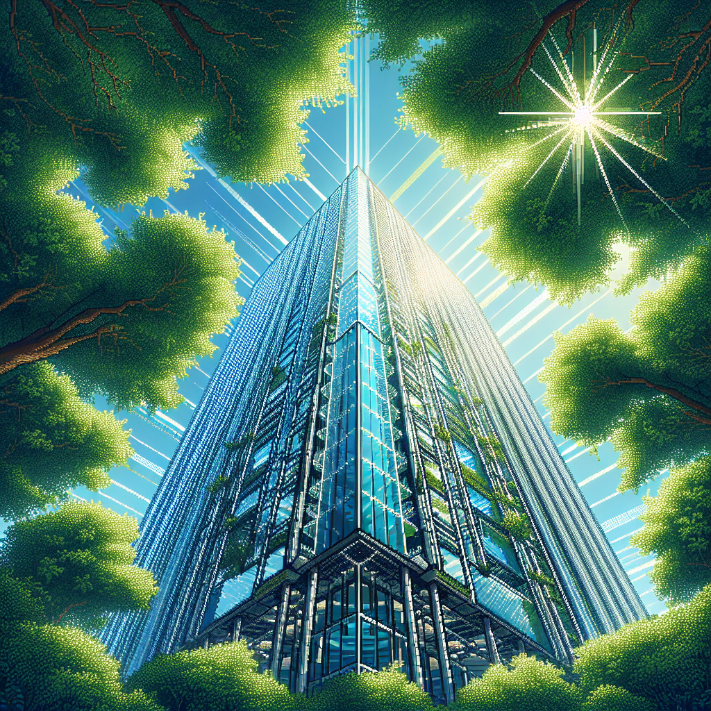 Futuristic skyscraper surrounded by lush greenery and blue sky, viewed from below with sunlight streaming through.