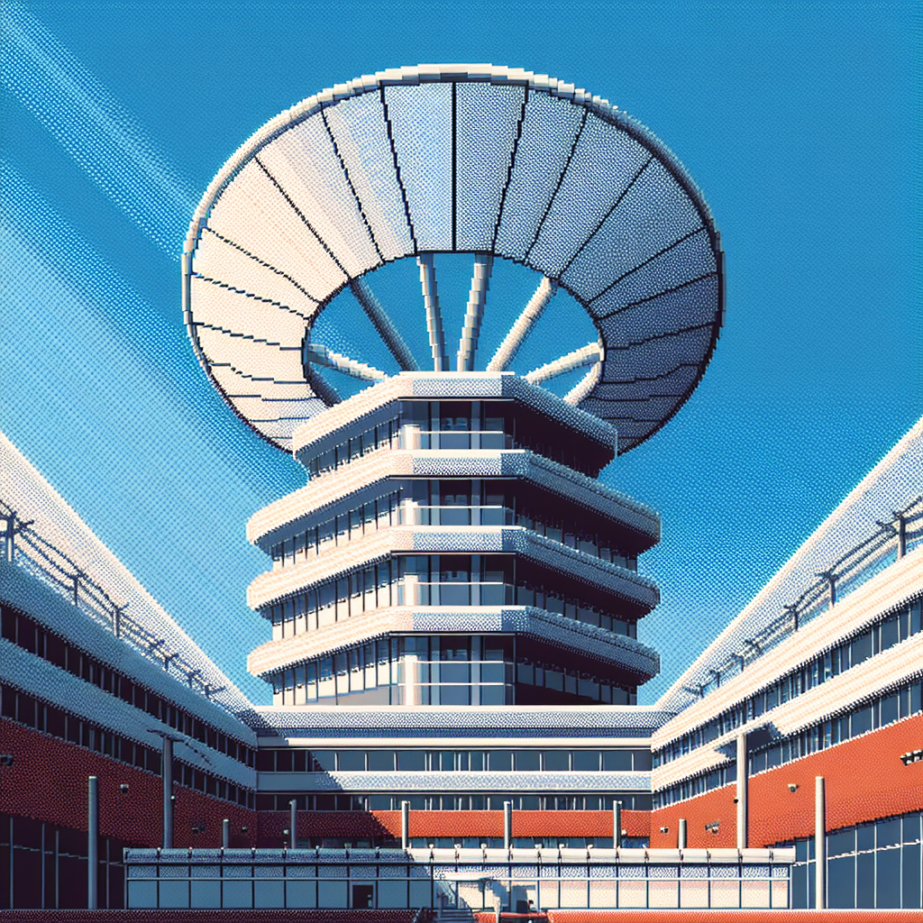 A modern transit station exterior with a futuristic, circular roof structure against a clear blue sky.