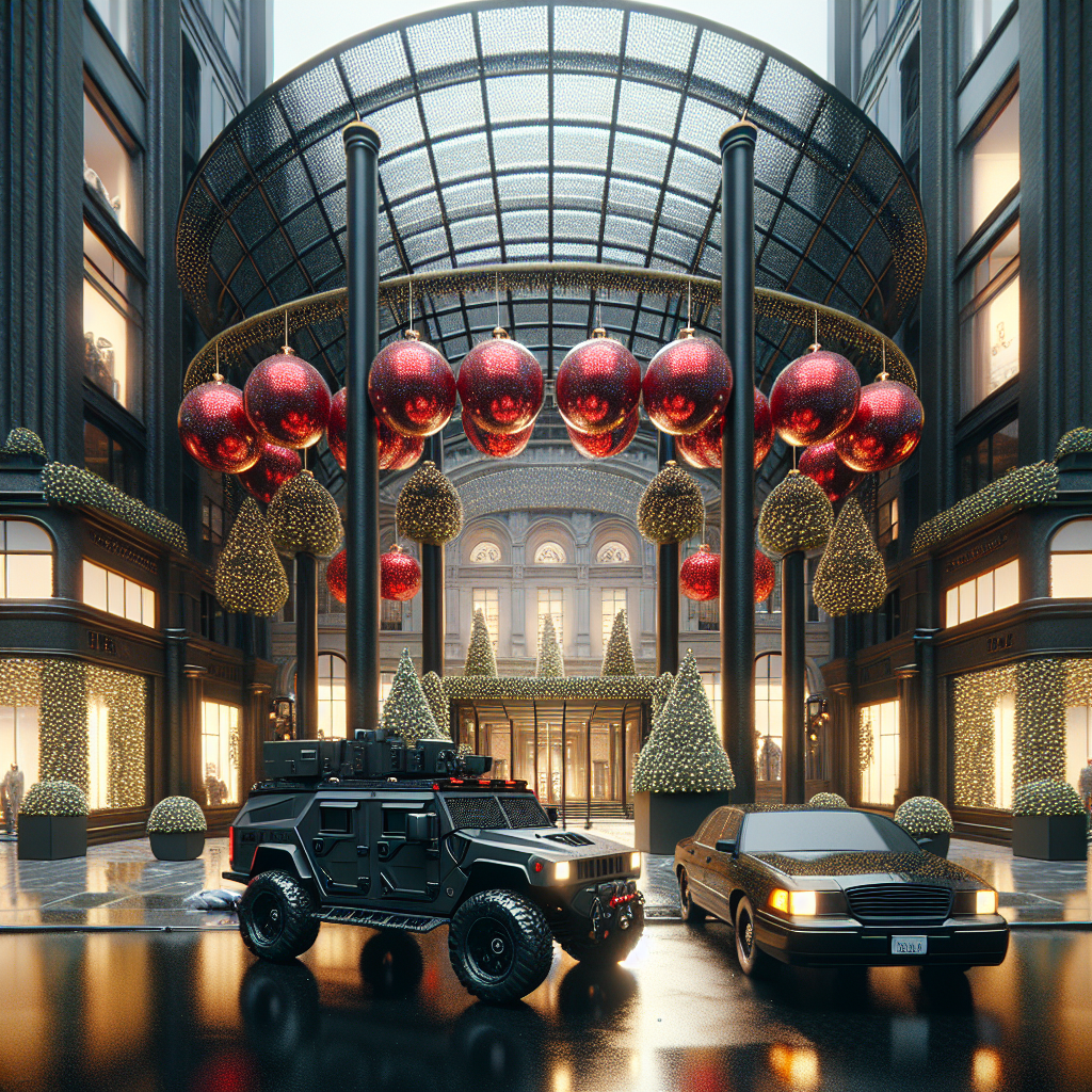 People gather in a festive, decorated courtyard with red ornaments and lights near two parked vehicles in front of a grand building.