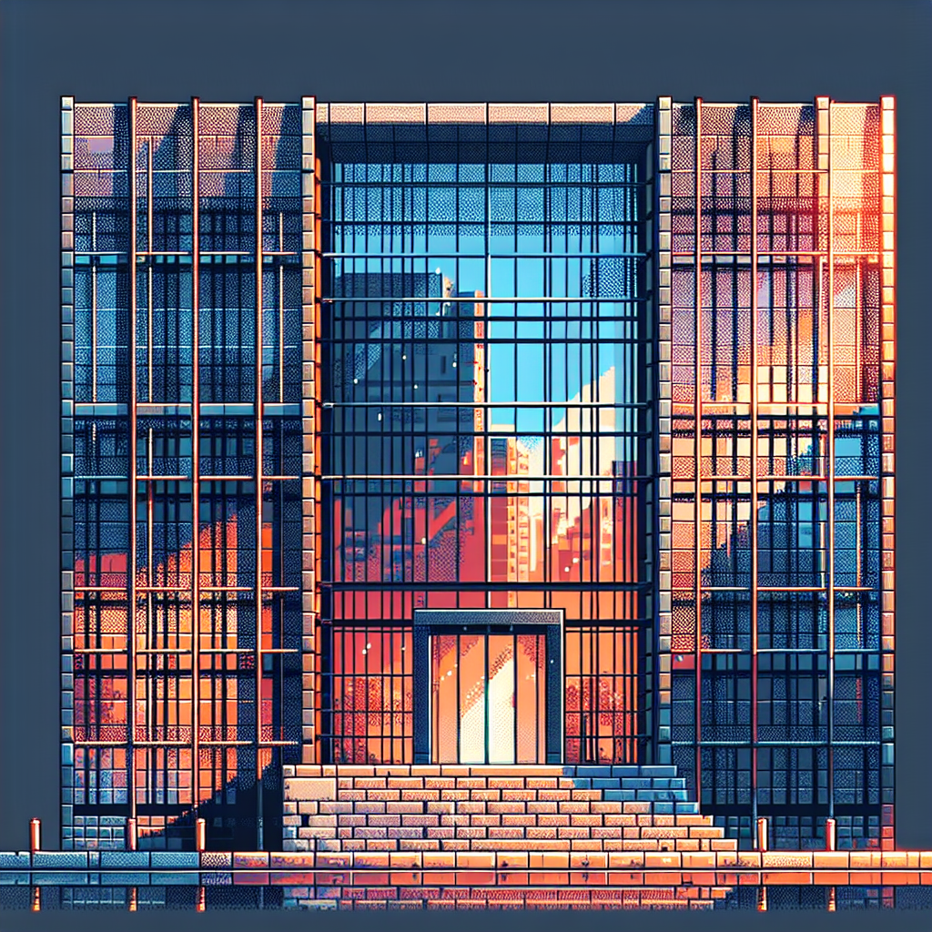 Modern building exterior with large glass windows reflecting a city skyline and warm sunlight, framed by stone steps.