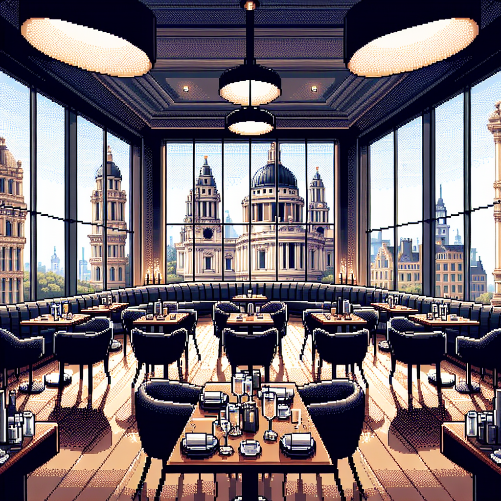 Elegant dining room with floor-to-ceiling windows offering a cityscape view of historic domed buildings and ornate architecture.