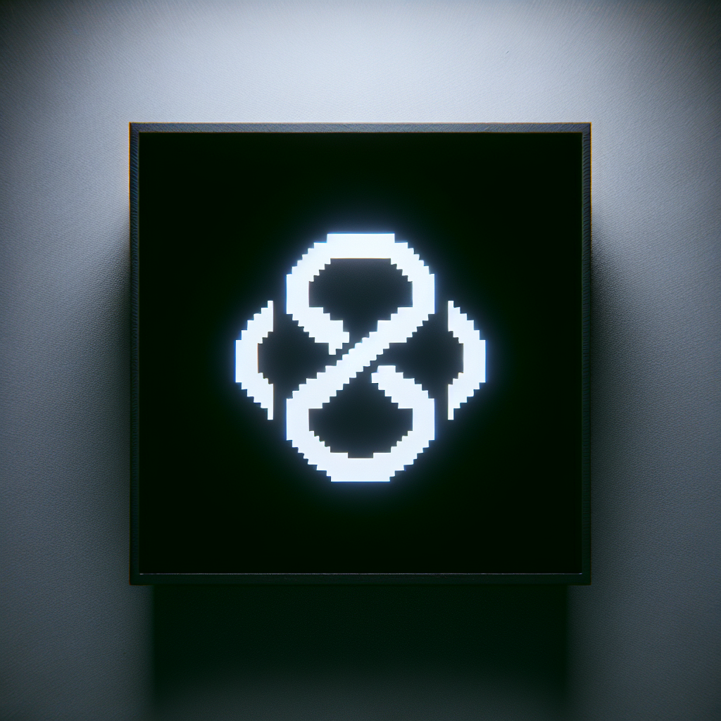 Illuminated digital infinity symbol on a dark square canvas mounted against a softly lit wall.