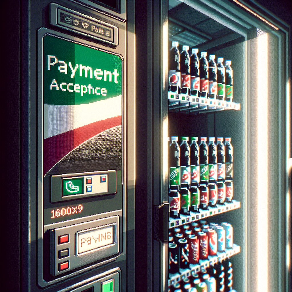 Vending machine stocked with colorful beverage bottles, featuring a digital payment interface on the side panel.