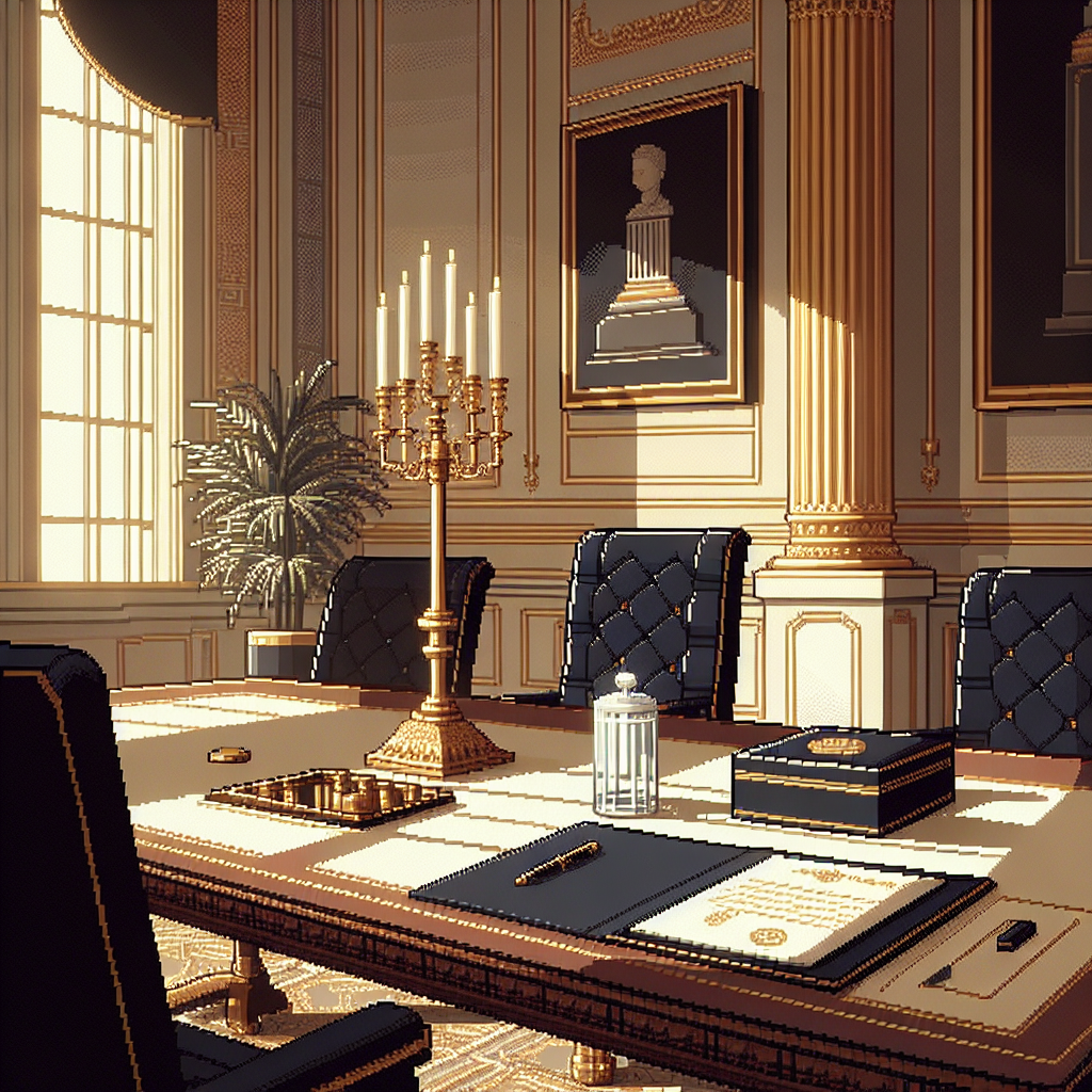Elegant conference room with ornate molding, a candelabra centerpiece, and documents on a polished table, bathed in sunlight.
