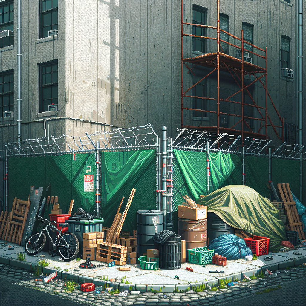 A sunlit alley with a fenced construction site, scattered pallets, barrels, and a bicycle near a brick building with scaffolding.