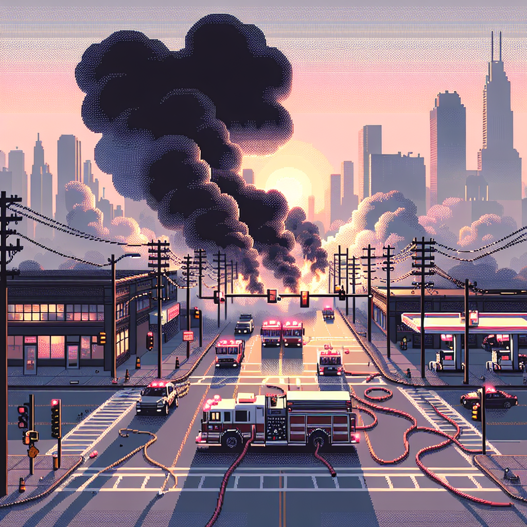 Fire trucks and hoses fill a city intersection as dark smoke billows behind buildings at sunset.