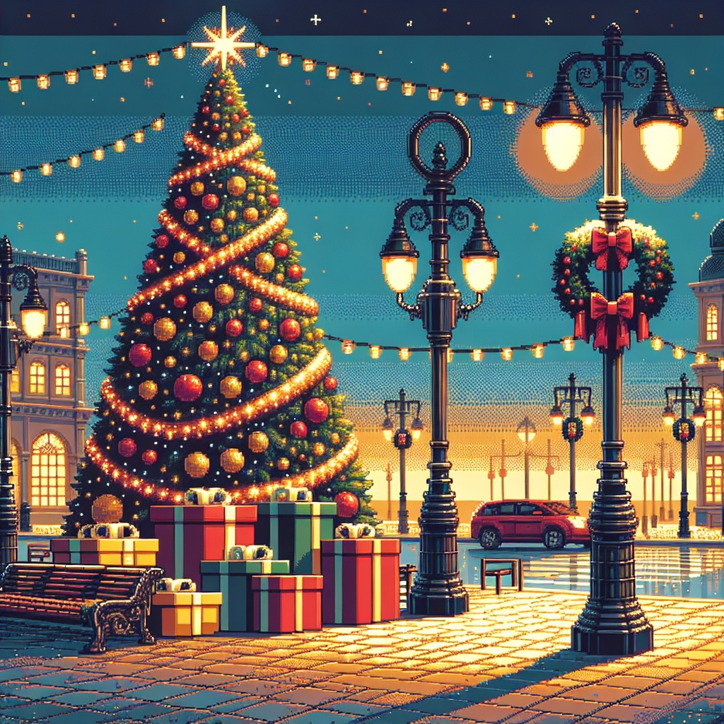 Festive city square with a large Christmas tree, colorful lights, and numerous gift boxes under a starry evening sky.