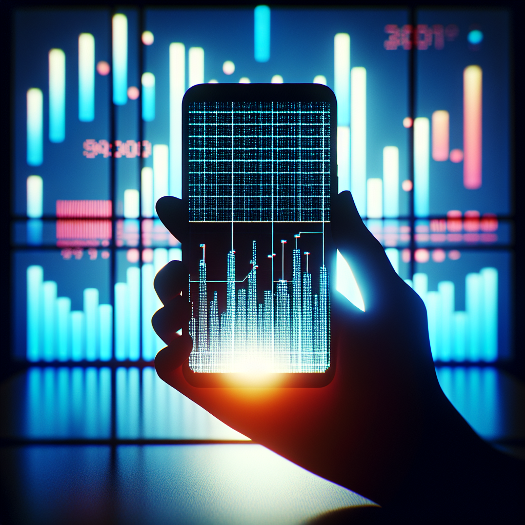Silhouette of a hand holding a smartphone displaying digital graphs against a backdrop of colorful, abstract bar charts.