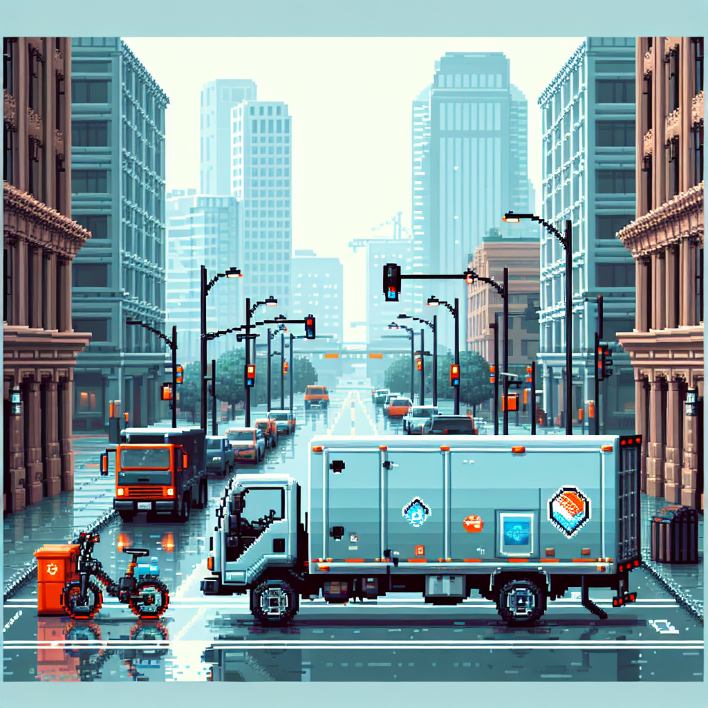 City street with parked utility trucks on a rainy day, surrounded by tall buildings and traffic lights.