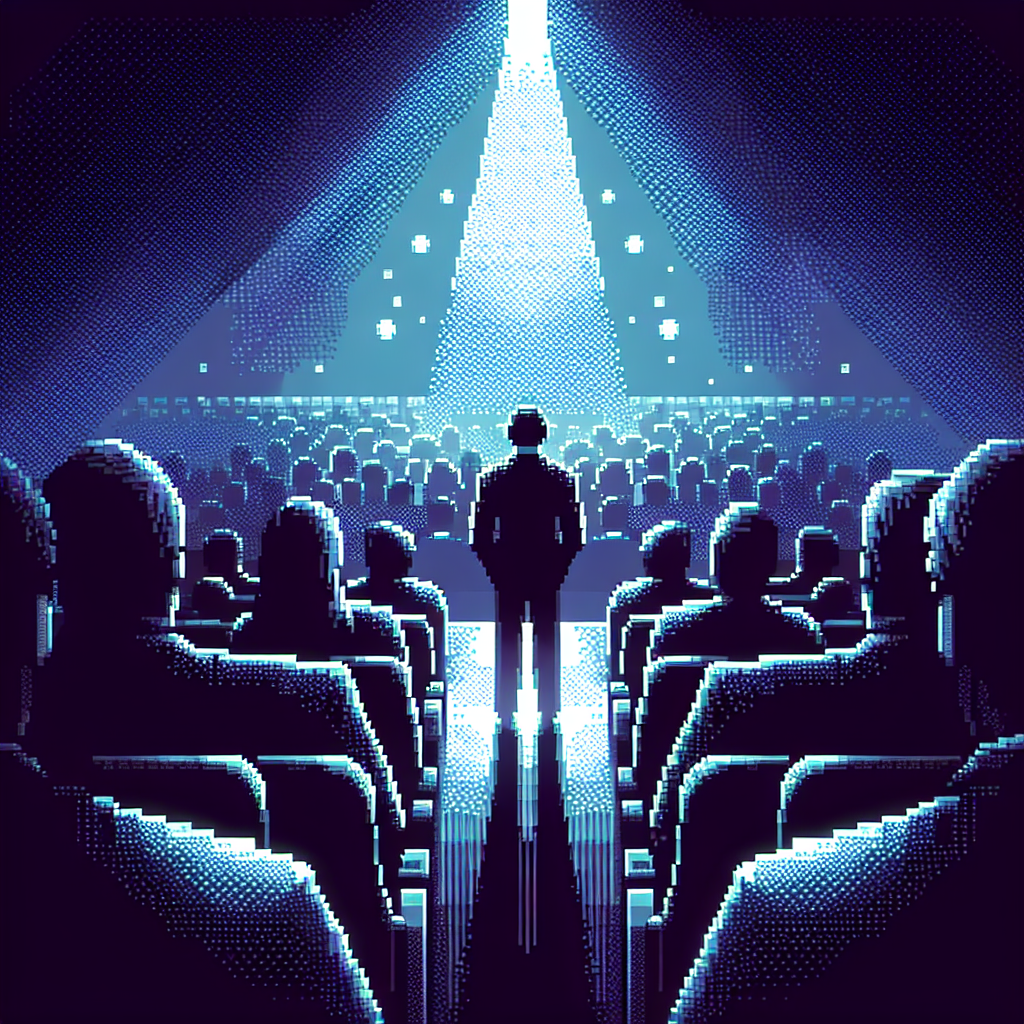 A lone figure stands in a spotlight facing an audience in a dimly lit theater, emphasizing the concept of individual focus.