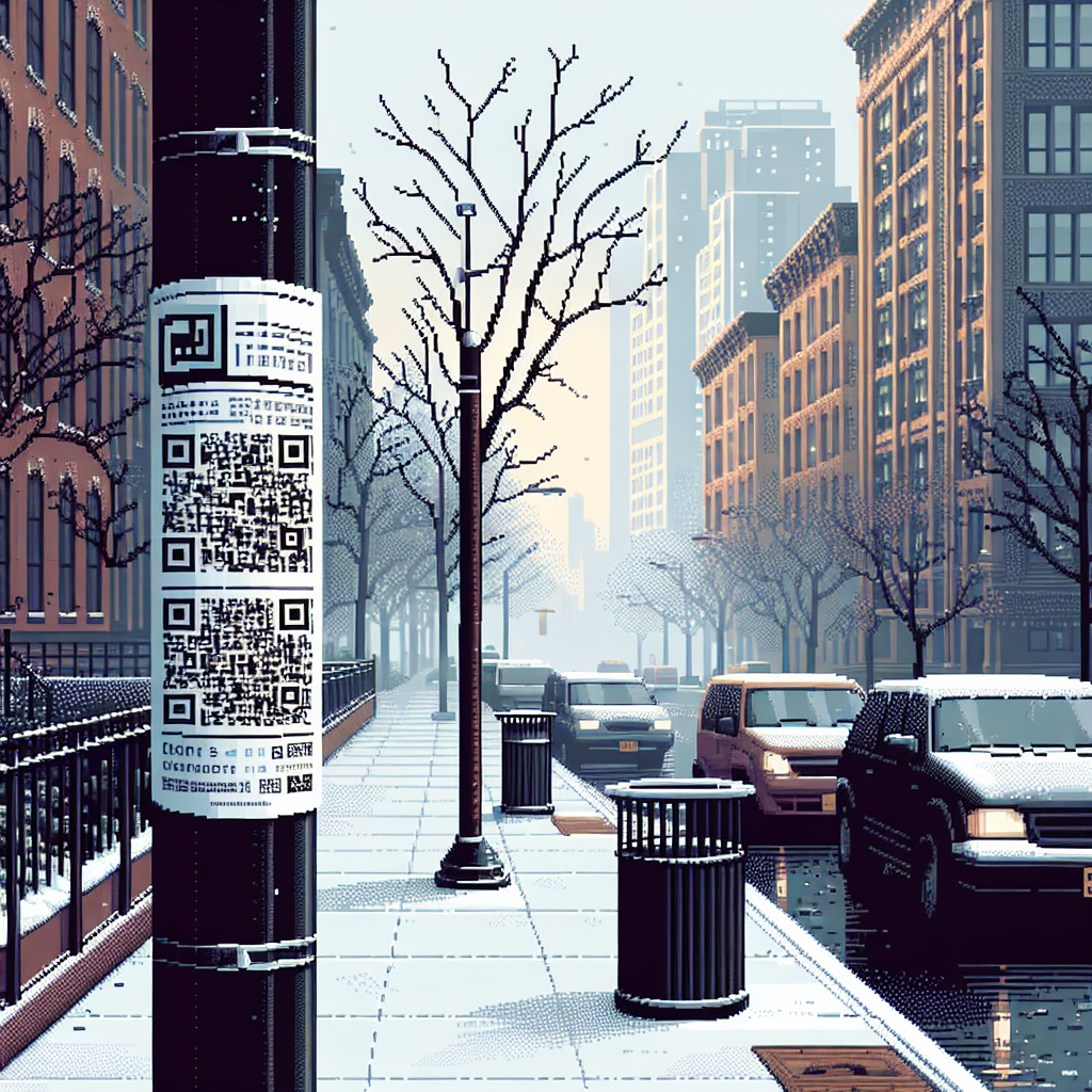 City street in winter with bare trees, parked cars, and a QR code poster on a lamppost.