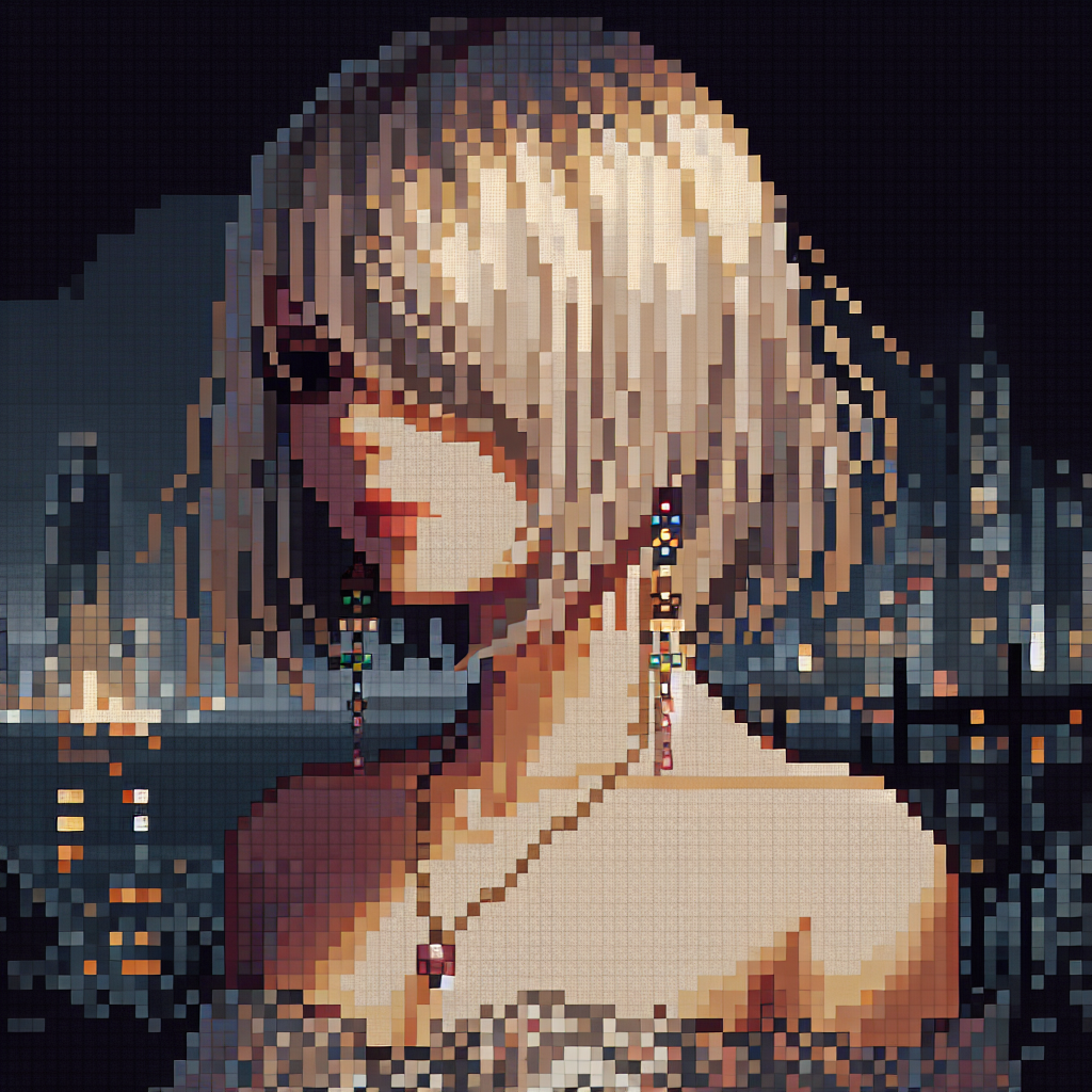 Pixel art of a woman with short hair in front of a nighttime cityscape, wearing colorful earrings and a necklace.
