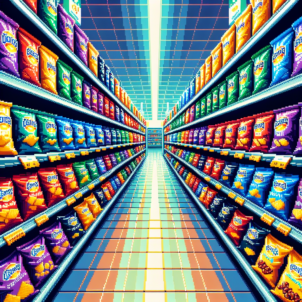 A brightly lit grocery aisle stocked with colorful bags of chips, creating a symmetrical and vibrant display.
