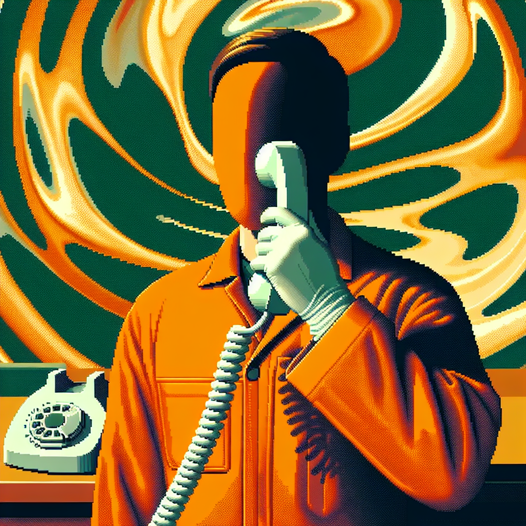 A faceless figure in an orange jumpsuit holds a corded phone, with swirling abstract patterns in the background.