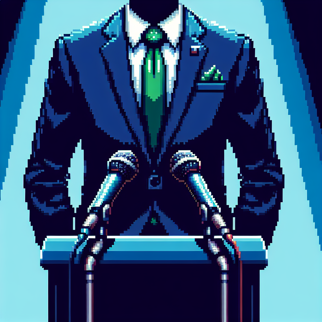 A pixel art image of a faceless figure in a suit standing at a podium with microphones, suggesting an official announcement.
